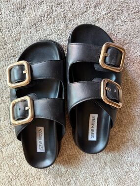 Steve Madden Black Slide Sandals with Gold Buckle Accents
